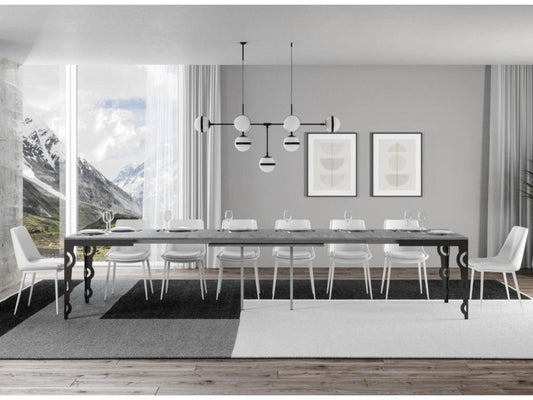 Extendable rectangular table for 6 to 16 people, L 120 to 380cm, concrete grey with anthracite metal frame, Chezlova EDIC86442