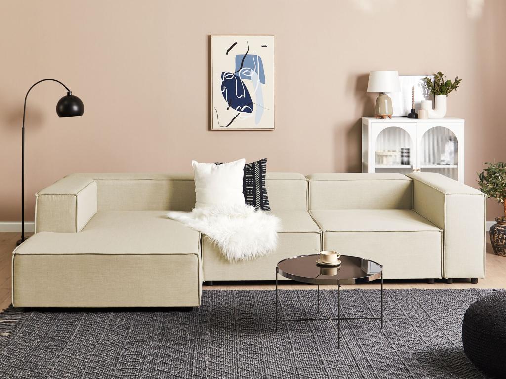Modern Right-Hand Facing 3-Seater Modular Corner Sofa in Beige Linen Chezlova CUBO16827