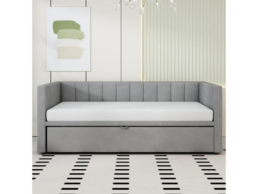 Upholstered trundle bed 90/180x200cm sofa bed in velvet fabric with slatted base by Chezlova - Light Grey GNYW15023
