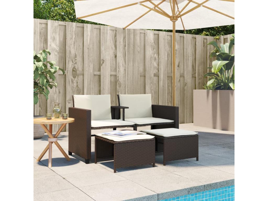 2-seater garden sofa with table and stools, brown rattan QMDH51154