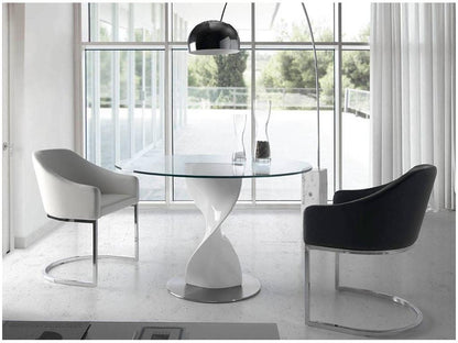 Round table with glass top and black lacquered fiberglass base, Torsada - Dimensions: D 110 x H 76 cm OWDR89456