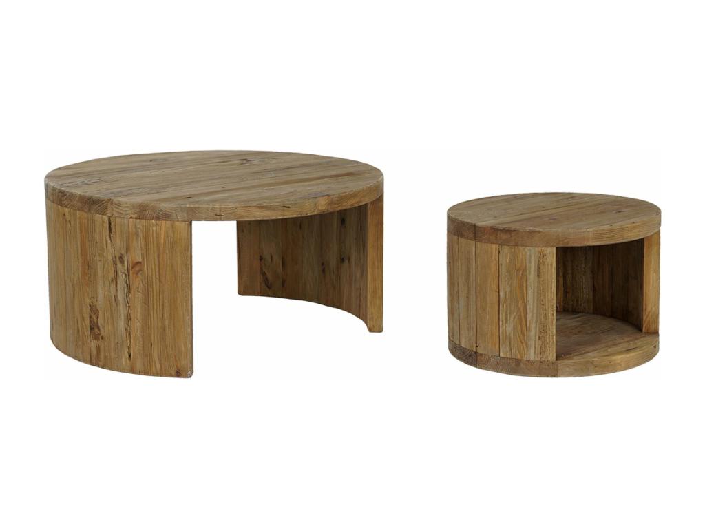 Set of 2 round side tables in natural pine wood VKWZ86949