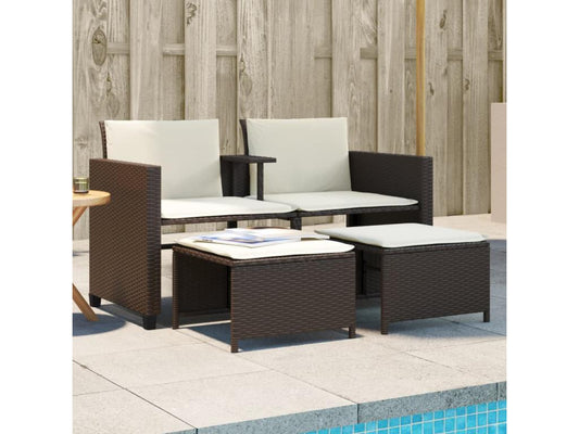 2-seater garden sofa with table and stools, brown rattan QMDH51154