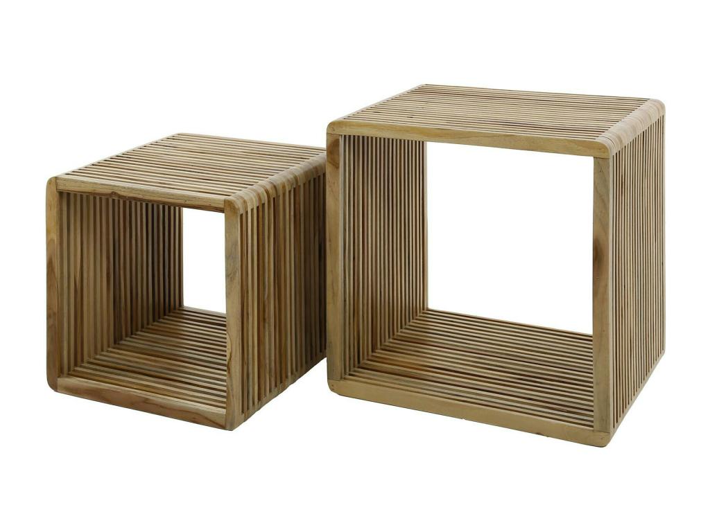 Recycled teak wood coffee table with grooves, set of 2, Artigeo AWXU38117