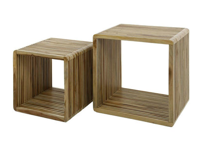 Recycled teak wood coffee table with grooves, set of 2, Artigeo AWXU38117