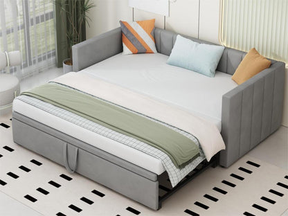 Upholstered trundle bed 90/180x200cm sofa bed in velvet fabric with slatted base by Chezlova - Light Grey GNYW15023