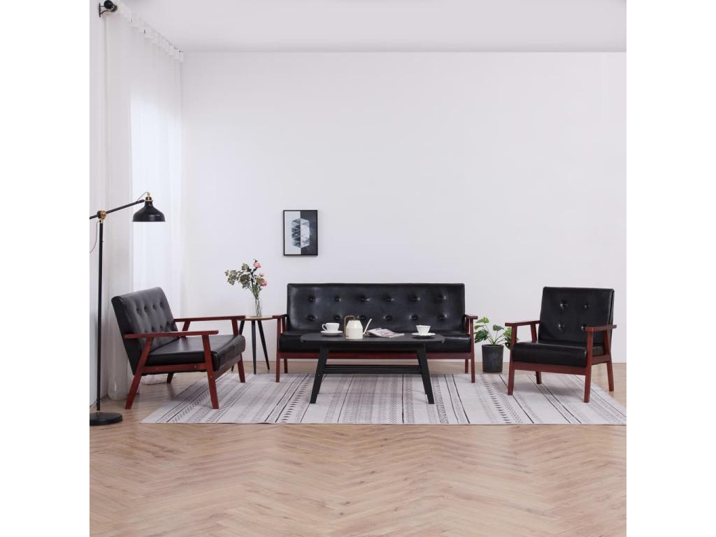 3-piece black faux leather sofa set WQAL86833
