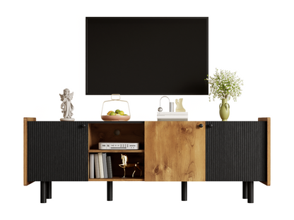 160cm TV unit with 3 doors and 2 open compartments - Particleboard and MDF - Modern style - Black and wood USAZ19440