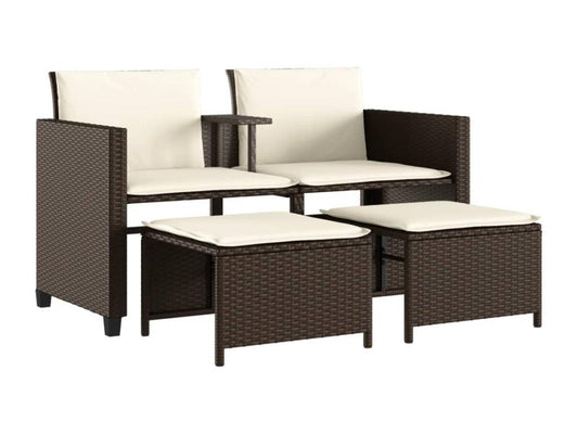 2-seater garden sofa with table and stools, brown rattan QMDH51154