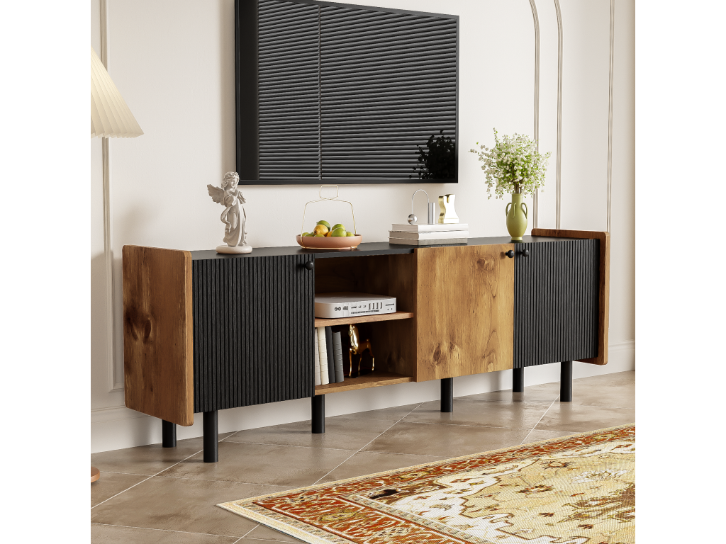 160cm TV unit with 3 doors and 2 open compartments - Particleboard and MDF - Modern style - Black and wood USAZ19440
