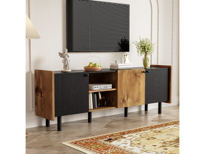 160cm TV unit with 3 doors and 2 open compartments - Particleboard and MDF - Modern style - Black and wood USAZ19440