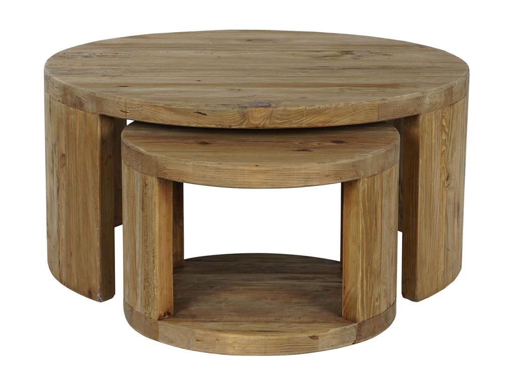 Set of 2 round side tables in natural pine wood VKWZ86949