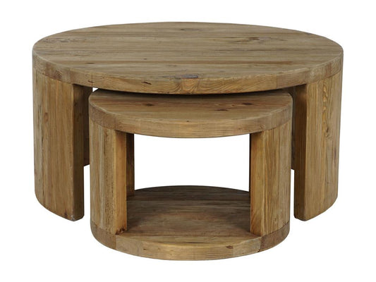 Set of 2 round side tables in natural pine wood VKWZ86949