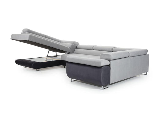 Artigeo 340cm ULUM18260 U-shaped left-hand convertible sofa in heather grey fabric and black faux leather with storage compartment