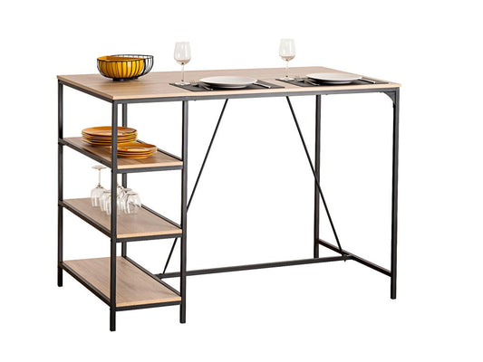 Bar table, high table with 3 shelves in beige wood and black metal LMUB82837