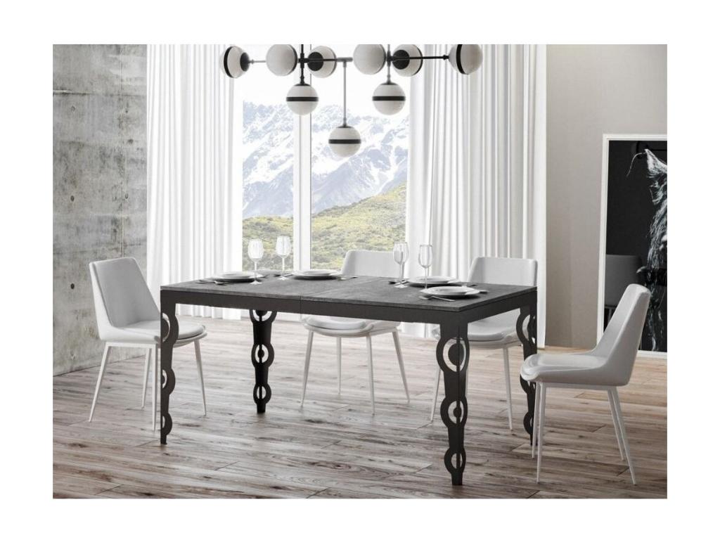 Extendable rectangular table for 6 to 16 people, L 120 to 380cm, concrete grey with anthracite metal frame, Chezlova EDIC86442