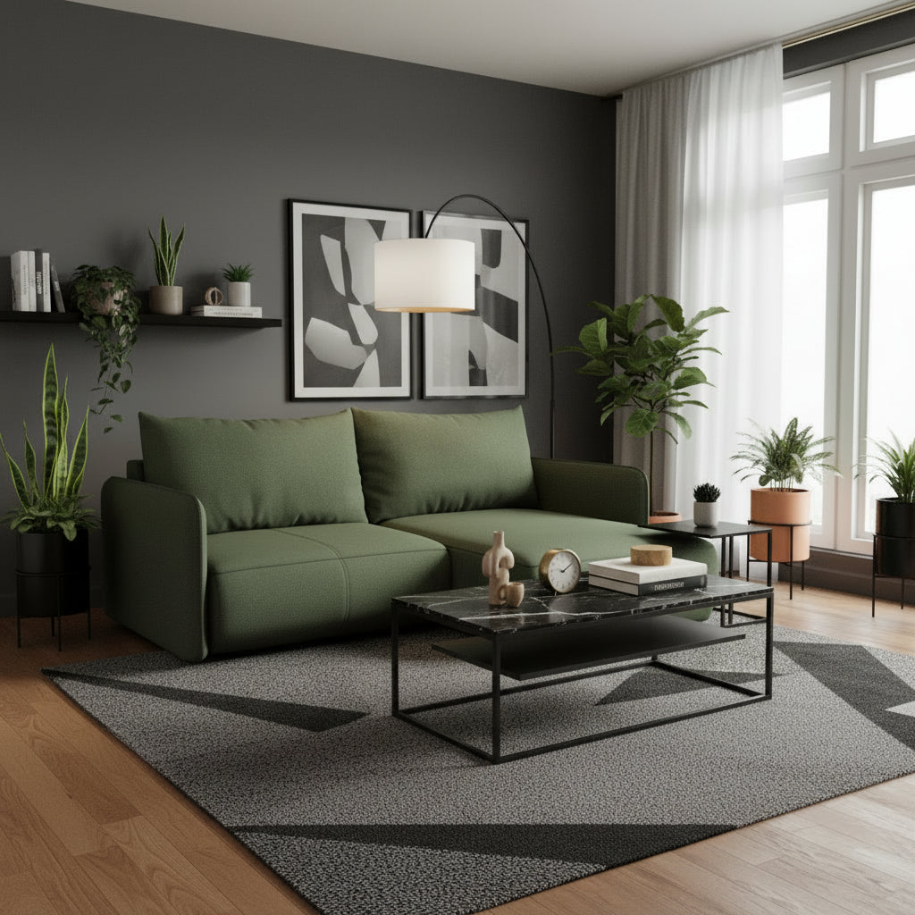 Chezlova CEZX57838 2.5-seater right-hand corner sofa bed in textured fabric - olive