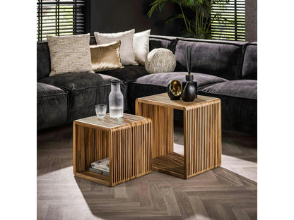 Recycled teak wood coffee table with grooves, set of 2, Artigeo AWXU38117