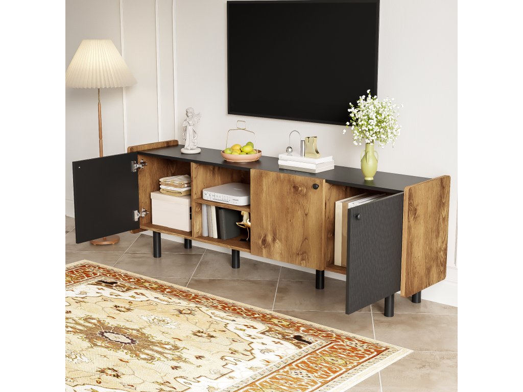 160cm TV unit with 3 doors and 2 open compartments - Particleboard and MDF - Modern style - Black and wood USAZ19440
