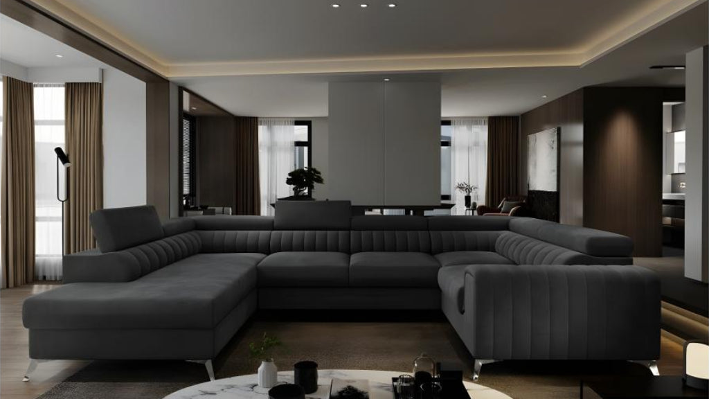 Artigeo Luxury Velvet Corner Sofa Bed, 7/8 Seater, Black, Right Armrest (front view) YMWW55370