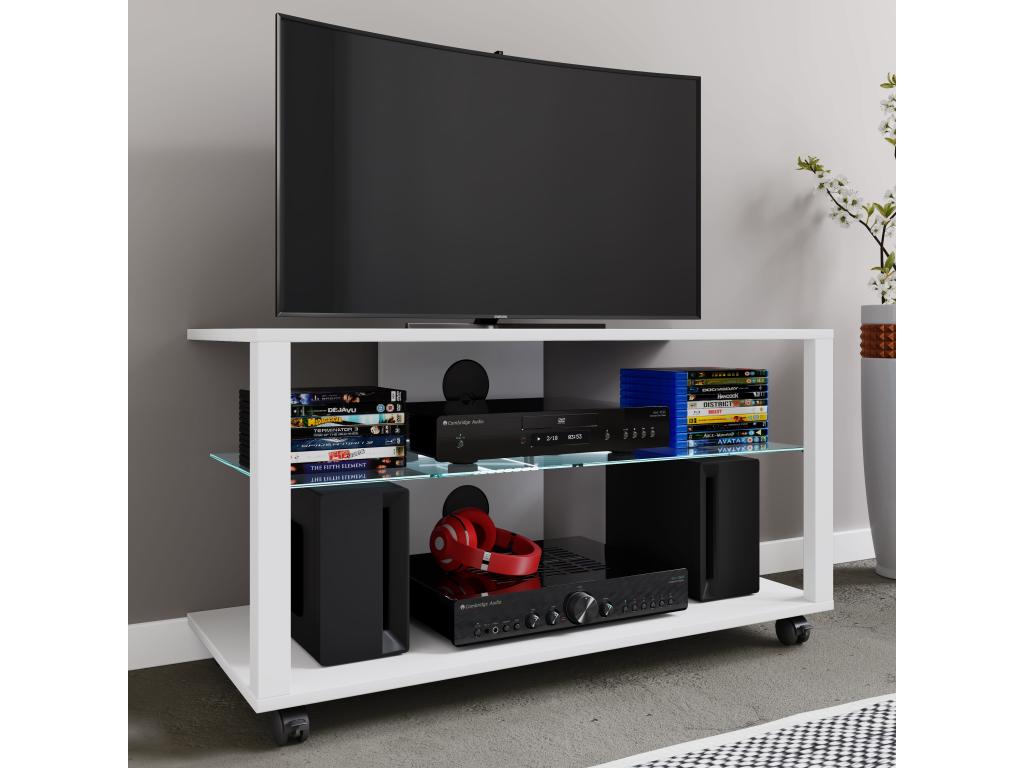 Artigeo Wooden TV Lowboard, Artigeo Mobile TV Stand, Rack, Console, TV Cabinet, TV Table, Phone Holder, Glass, Folas L, White TLBO53823