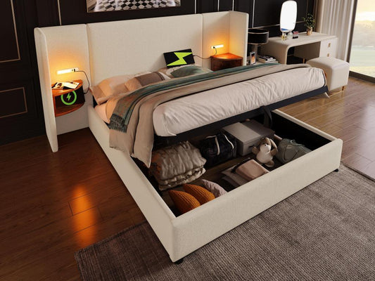 180x200cm linen storage bed - 2 bedside tables with reading light and loading function - with slatted base by Chezlova - Beige OVFO97284